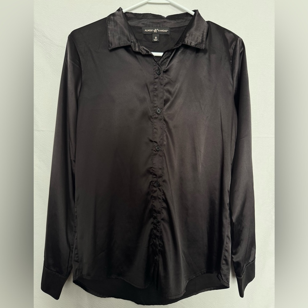 Almost Famous Black Satin Button Down Shirt